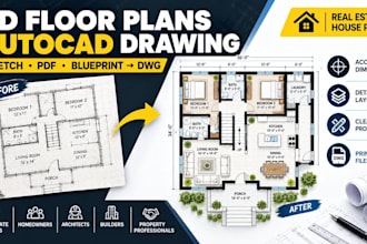 draw 2d floor plans, redraw sketches and PDF to autocad dwg