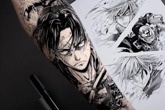 custom anime tattoo sleeve drawing sketch by renowned tattoo artist