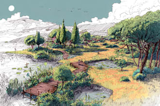 draw landscape illustration in colored