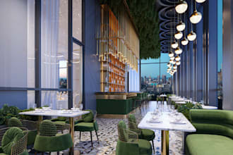 bespoke restaurant design,interior rendering,sky bar,biophilic hospitality space