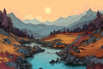 draw landscape illustration in colored