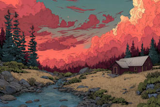 draw landscape illustration in colored