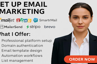 set up email marketing with mailjet, zoho smartrmail mailersend stripo and brevo