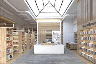 remodel bookstore, cafe, shop, interior design, decor, 3d rendering, floor plan