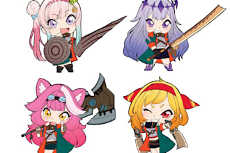 draw you or your characters into chibi hunter illustration
