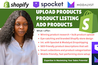 add shopify spocket modalyst products listing upload dropshipping store design