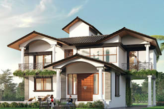 visualize 3d modern vila, exterior design, pool deck, landscape garden, sketchup