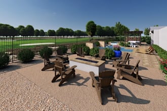 repurpose cgi landscape, golf course render, poolside exterior lounge, twilight