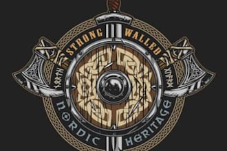 design a unique sword, axe, and shield concept logo