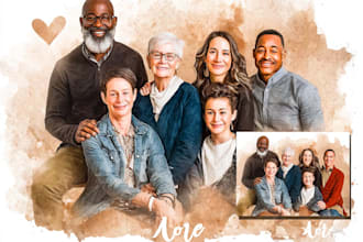 custom realistic family group portrait in watercolor style
