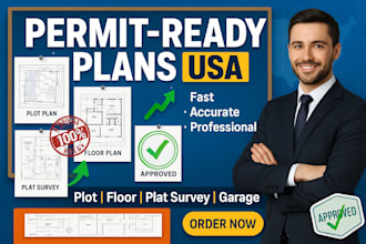 design plot plan, floor plan, plat survey plan and garage plan for permit in USA