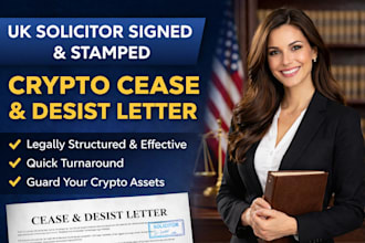 deliver UK solicitor signed and stamped crypto cease and desist letter