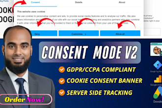 setup consent mode v2, gdpr ccpa cookie consent banner, server side tracking