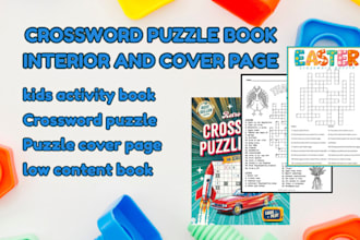 create crossword activity book, crossword puzzle book, kids low content interior