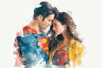 make watercolor super hero couple portrait