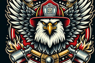 design high quality eagle fire fighter mascot logo with t shirt design
