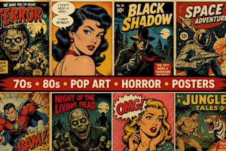 draw retro vintage comic book illustration, horror comic pop art, vintage poster