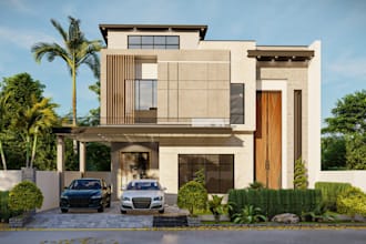 modern 3d luxury house,front elevation,facade exterior,indoor lobby,living room