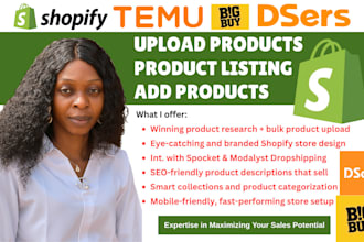 add shopify dsers bigbuy temu products listing upload dropshipping store design