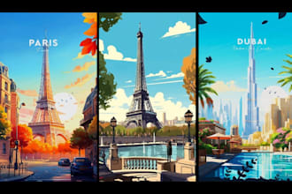 illustration travel poster design retro brochure tour flyer postcard vector art