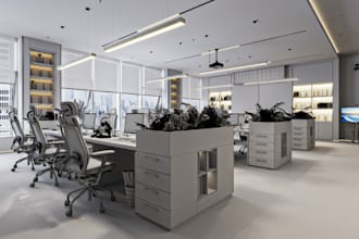 design a realistic office interior, coworking space, home office, reception