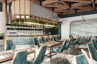 do 3d restaurant interior design, buffet, cafe, bakery, bar, coffee shop,