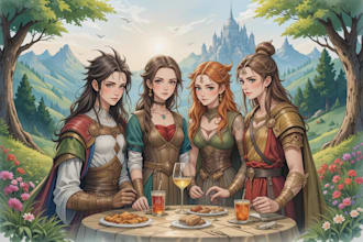 draw watercolor dnd party fantasy and friendship portrait
