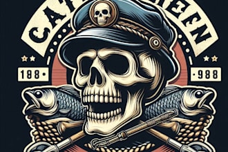 design high quality vintage fisherman skull logo t shirt design