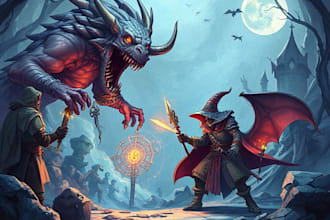 do fantasy dnd art, monster game art, and dnd party