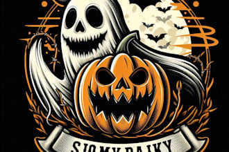 make a vintage spooky ghost, pumpkin mascot logo design for t shirts