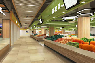 visualize 3d supermarket interior, store layout,cgi furniture, shop front render