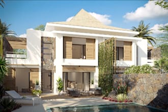 improve 3d tropical modern house, poolside patio,covered terrace,exterior render