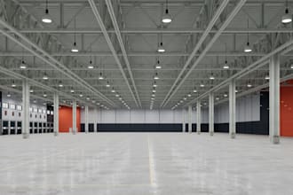 recreate 3d warehouse interior, storage facility,commercial building,server room