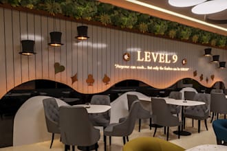create 3d elegant restaurant,baker shop,eatery area,cafe layout,lunchroom render