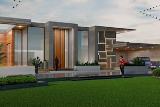 renovate 3d house exterior,tropical villa,indoor lounge area,snug room rendering