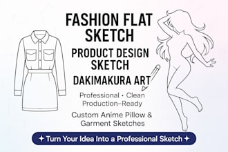 create detailed fashion flat sketches, product designs, and anime dakimakura art