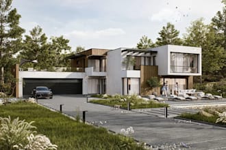 redesign 3d building, villa render, mansion, pool, patio, balcony, landscape,cgi