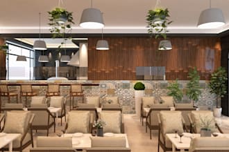 renovate modern restaurant,furniture layout,casual dining area,cgi lounge render