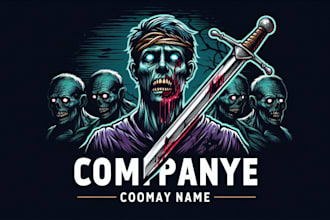 create scary zombie stabbed with a sword logo with text with any file