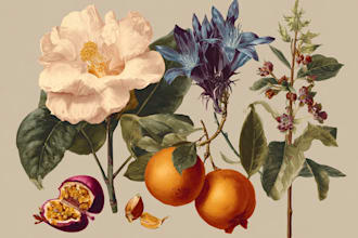 freehand digital botanical illustrations of flowers, freehand digital botanical