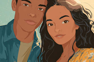 draw flat minimalist wedding couple portrait from photo
