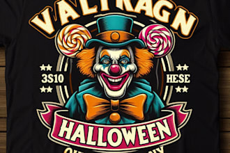 make a vintage halloween tal outdoor candy clown logo mascot  t shirt design