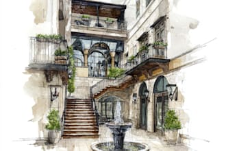 sketch architecture building with watercolor rendering