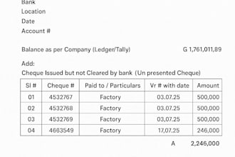 do bookkeeping, bank reconciliation, and tally accounting in excel