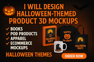 design halloween themed product 3d mockups for pod book ecommerce