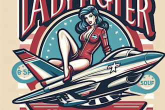 design high quality premium retro custom lady fighter jet logo t shirt design