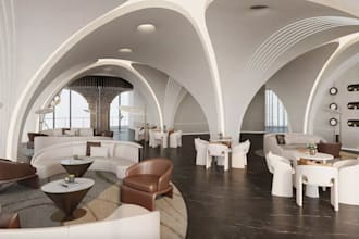 minimalist lounge design,commercial space, arched ceilings, furniture,cgi render