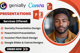 design genially, powerpoint, canva, google slides, and pitch deck presentations