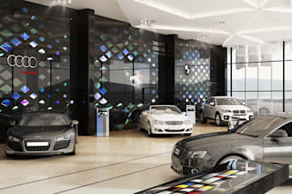 design car showroom, motorhome waiting areas exhibition interior exterior