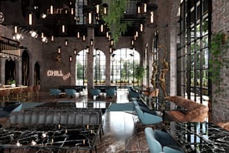 modern restaurant,realistic interior, 3d render, layout,outdoor,landscape design